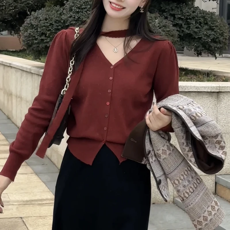 氛围感温柔飘带亮丝设计针织衫女2025秋季新款气质V领单排扣上衣