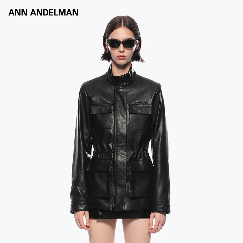 吴千语同款ANNANDELMAN工装皮衣女秋冬秋冬穿搭皮收腰黑色皮外套