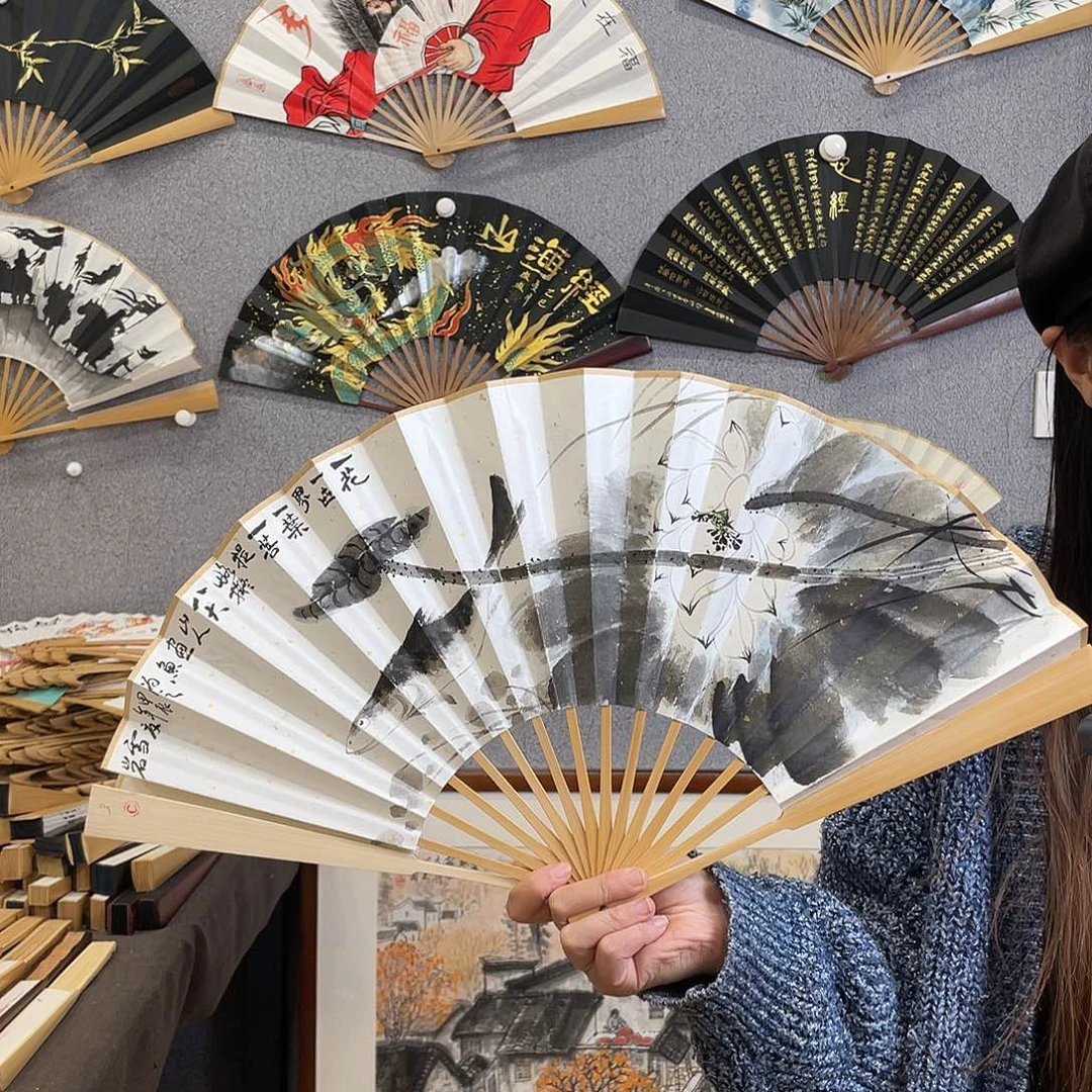 国画10寸玉竹-纯手绘-文玩扇骨（默认粘好）