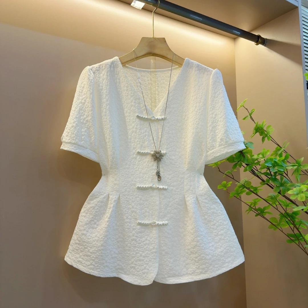 2025夏季大码女装新款新中式盘扣v领收腰短袖T恤上衣（长63左右）