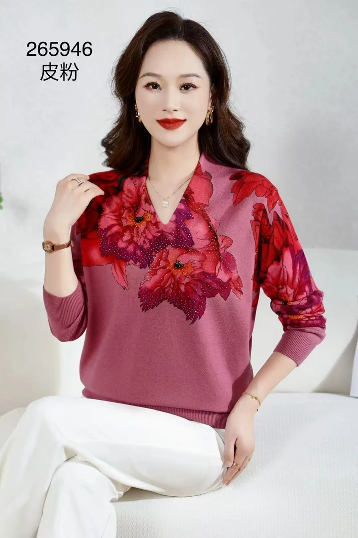 【牡丹】定位印花针织衫V领长袖洋气中年时尚妈妈装冬季时尚百搭