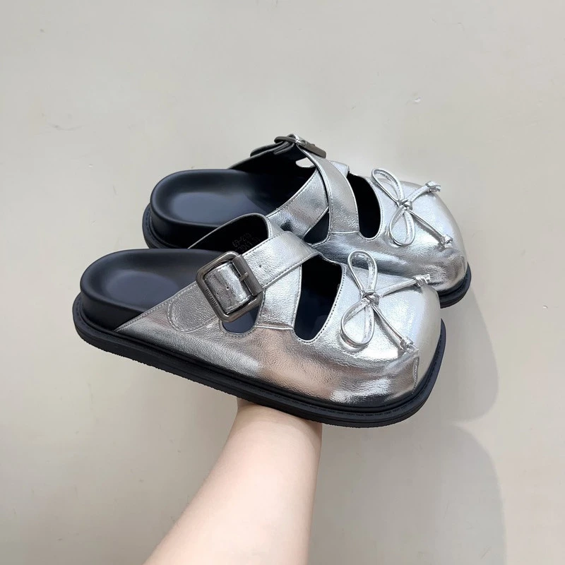 2025网红厚底蝴蝶结镂空皮带扣方头半拖鞋百搭女款2025新款爆款