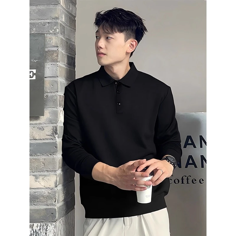 黑色cleanfit正肩长袖polo衫男秋季成熟稳重男装痞帅高级感打底衫