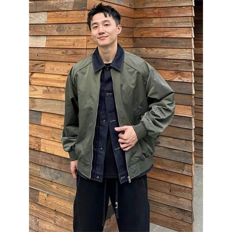 cleanfit假两件军绿色外套男款春秋美式复古痞帅翻领工装短款夹克