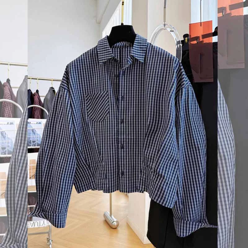 韩版休闲高级感格子翻领大码衬衫女装长袖春秋季新品宽松显瘦上衣