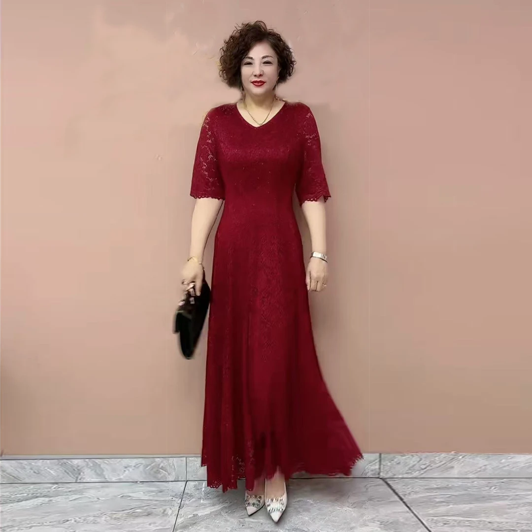 夏季大裙摆连衣裙妈妈装蕾丝长款大码时尚弹力遮肉洋气长裙女高贵
