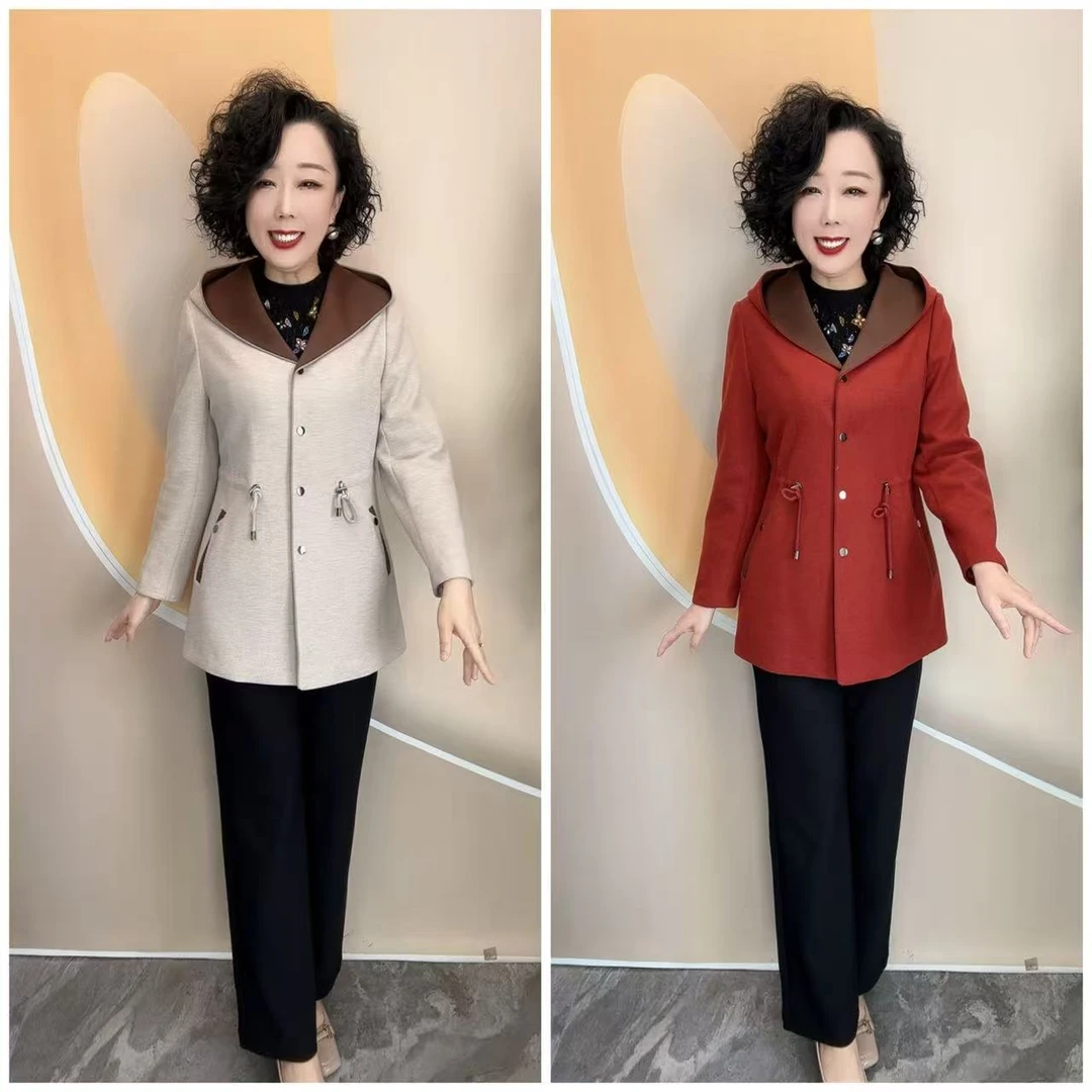 822新款纯色连帽中老年妈妈加衬宽松大码中款风衣，衣长73