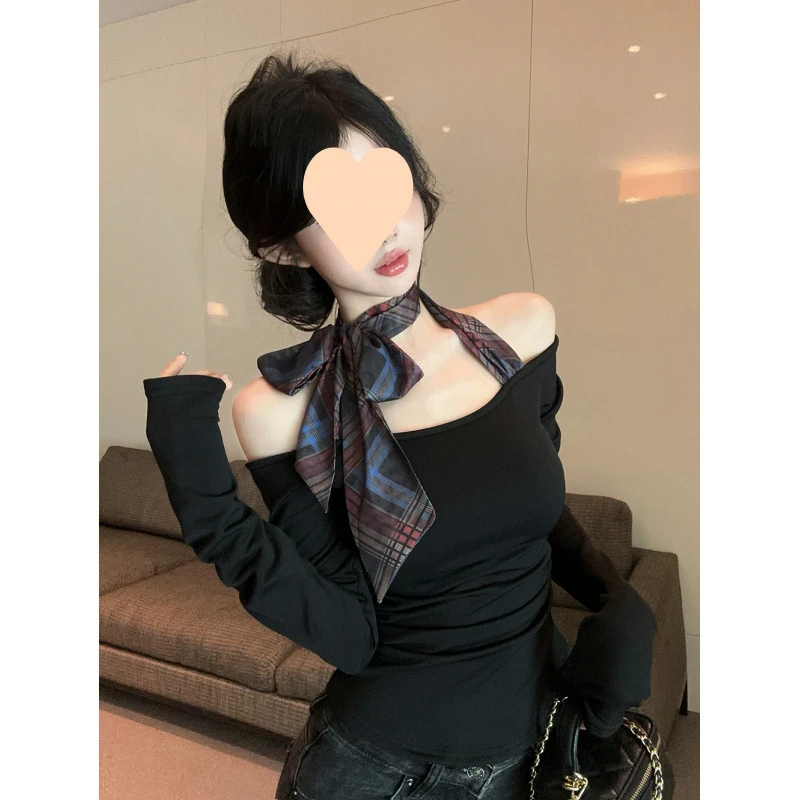 美式辣妹黑色一字肩挂脖格子蝴蝶结恤春季新款修身显瘦露肩上衣