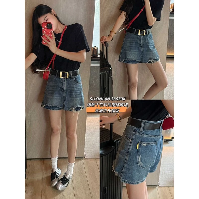 【运费险+现货】破洞毛边a字牛仔裙裤女夏季新款高腰显瘦短裤牛仔