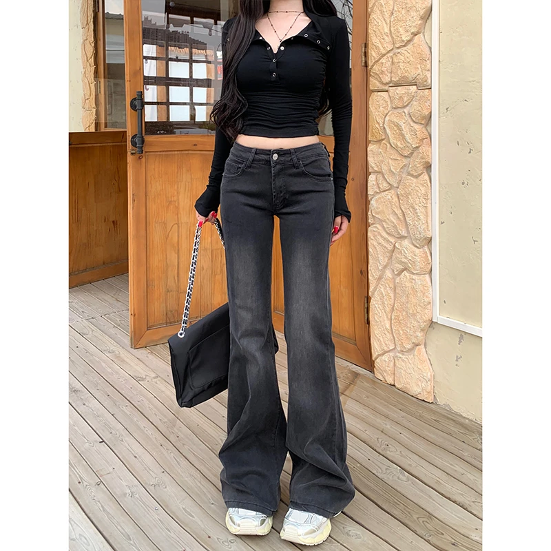 灰色中低腰微喇牛仔裤女2025秋季新款弹力修身显瘦净版百搭长裤子