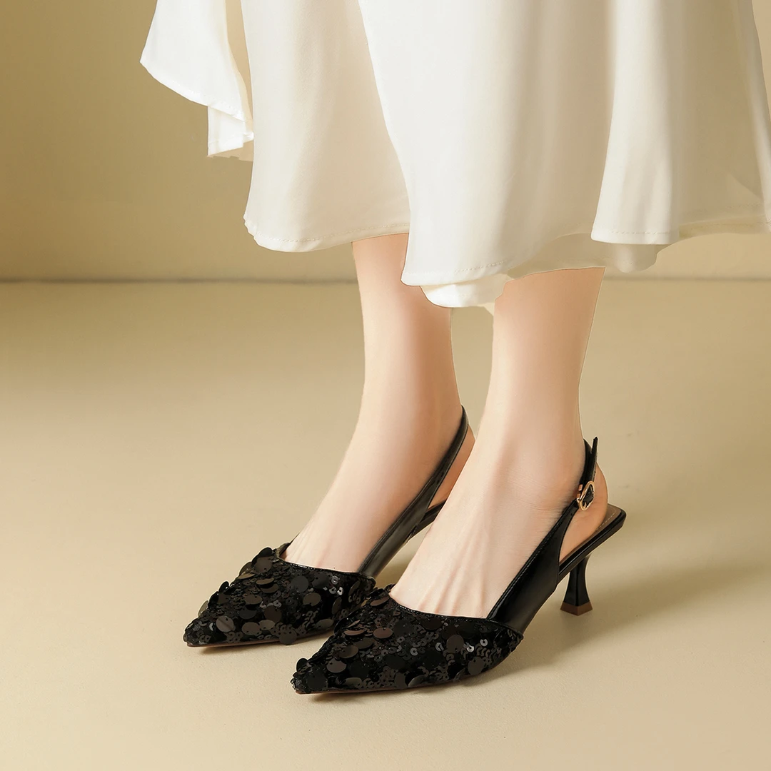 新款尖头细跟高跟包头凉鞋女跟高6.5cm时尚百搭