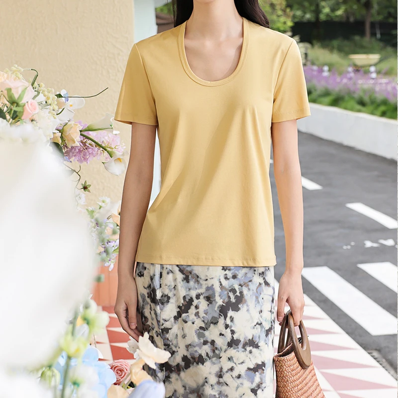 6316-凉感桑蚕丝丝光棉T恤女宽松简约基础款U领显瘦短袖防晒白色T