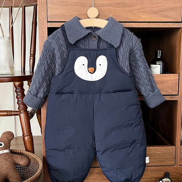 婴儿冬季夹棉背带裤男童卡通动物加厚保暖冬装棉裤宝宝可爱束脚裤