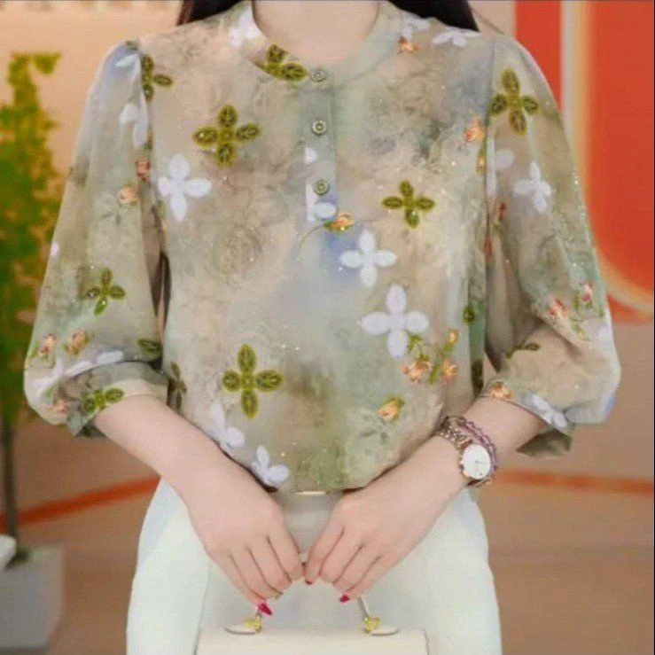 [高品质]气质时尚优雅四叶草衬衫女夏季显瘦新款宽松遮肚小衫上衣