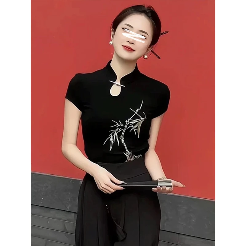 Moses Queen/魔西女王国风微胖mm修身显瘦立领竹纹刺绣短袖上衣女
