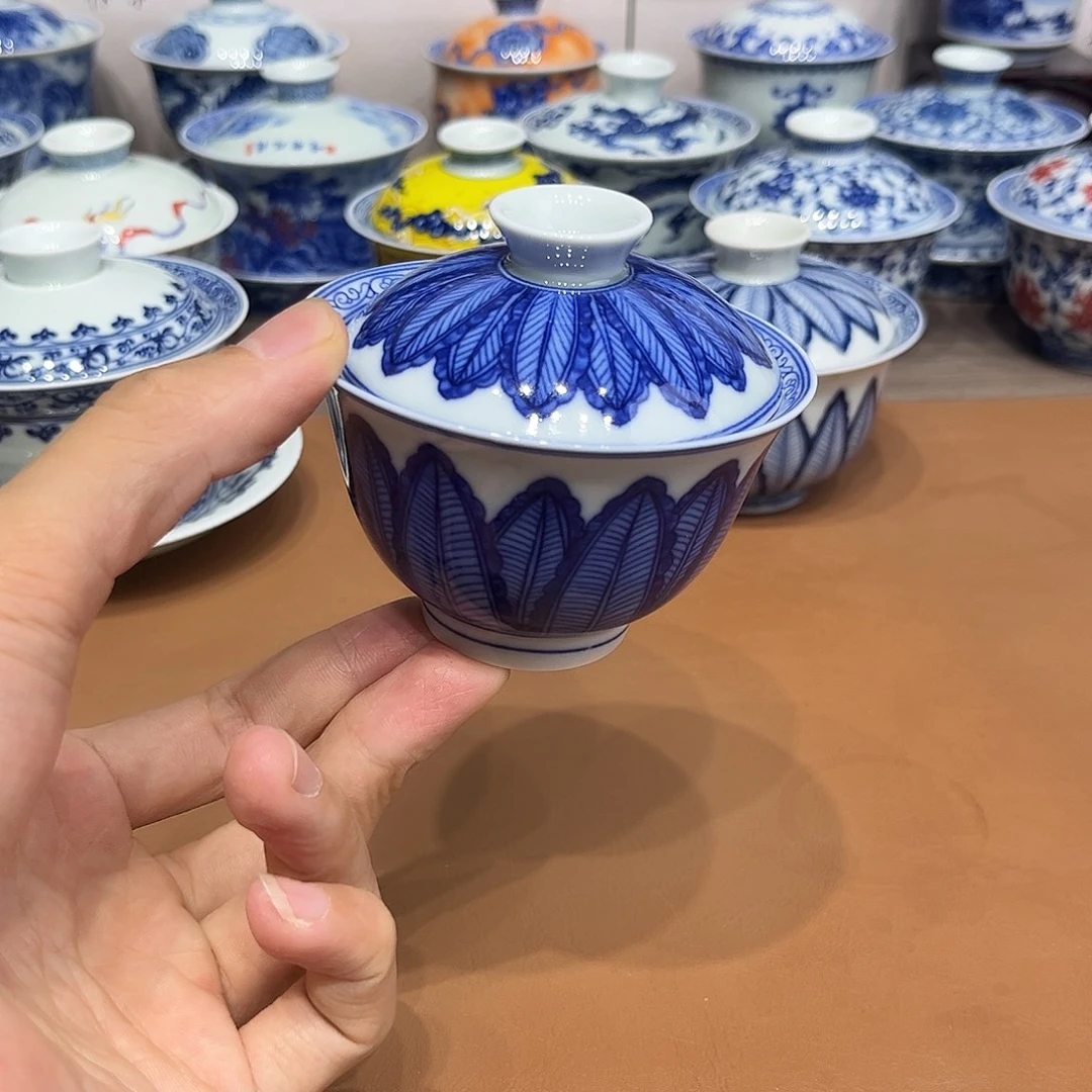 春***年青花芭蕉叶二才小盖碗