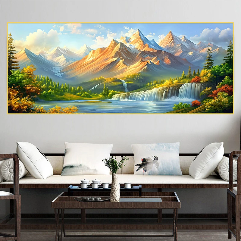 金山聚宝盆山水简约大气画客厅靠山图背景墙装饰画办公室晶瓷挂画