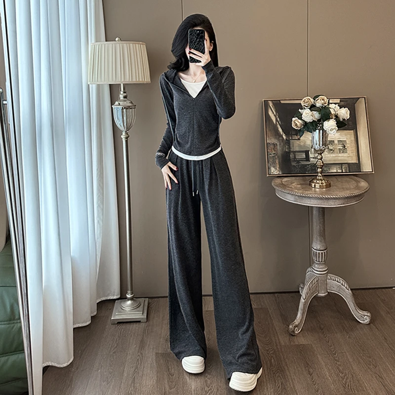 2025春季慵懒风洋气休闲装女时尚减龄灰色假两件卫衣阔腿裤两件套