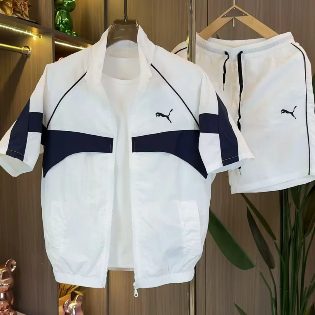 夏季薄款无分袖立领外套男士速干休闲运动拼色短裤时尚两件套6061