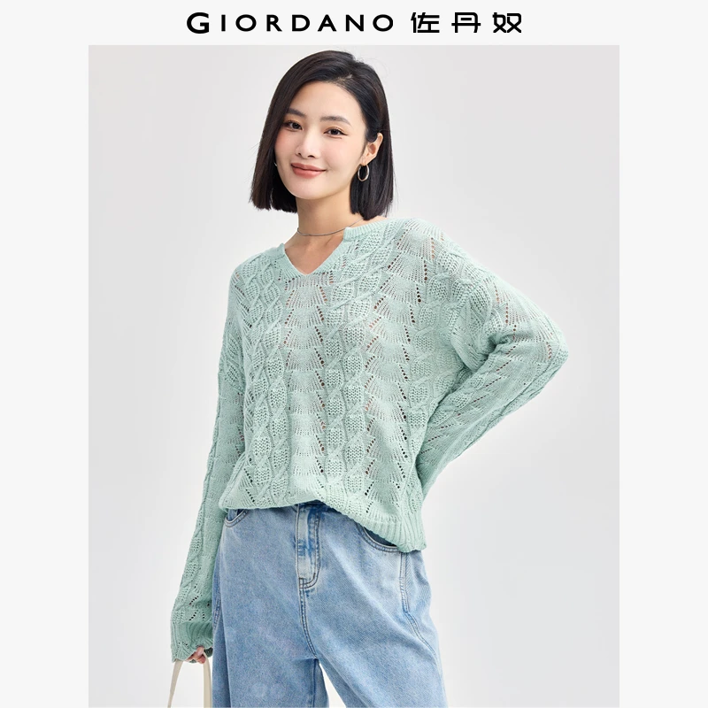佐丹奴针织衫女装绞花镂空小V领毛织套头针织衫 13354677