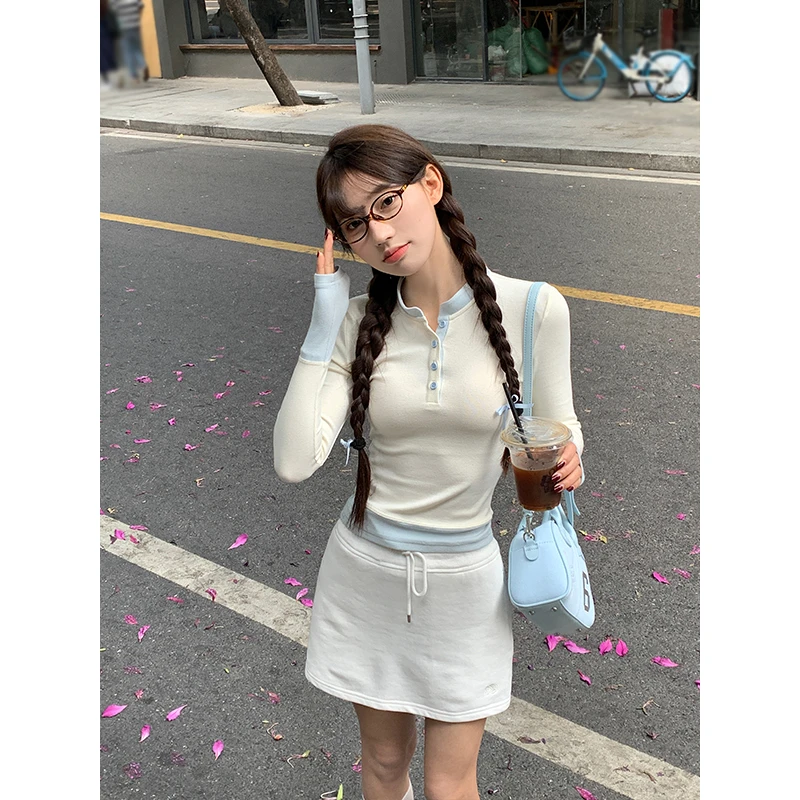 宋正恩假两件长袖t恤女春季新款甜辣修身显瘦设计感上衣ZE6919