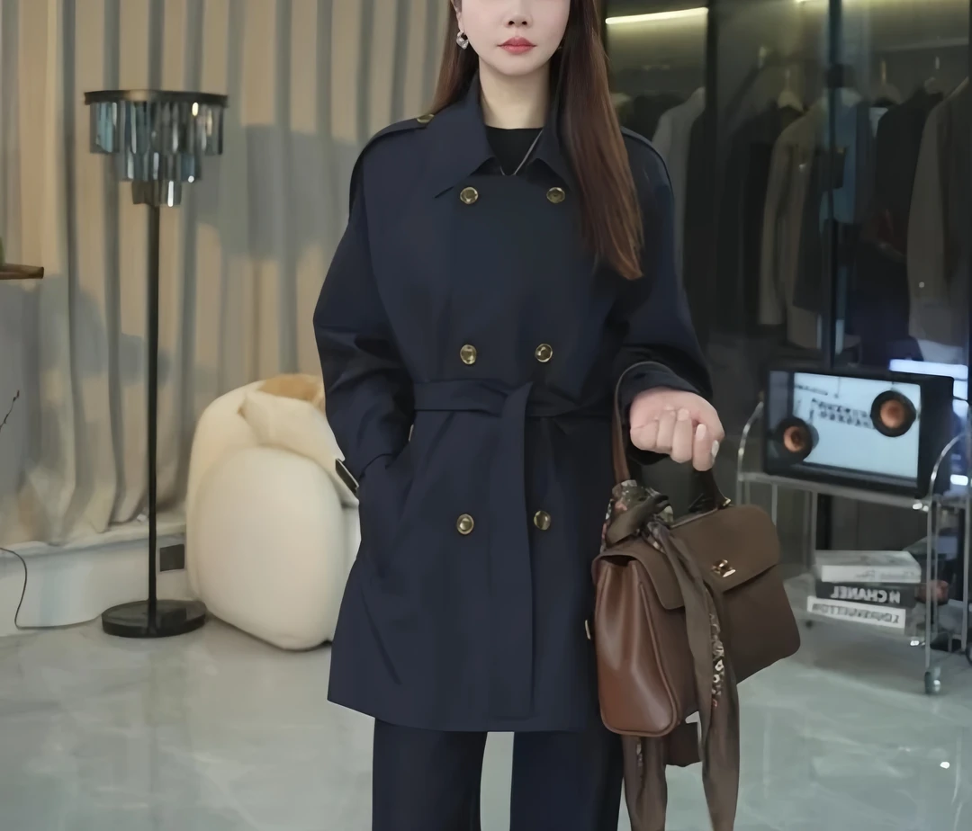 2025新款轻职风宽松型风衣外套中长款百搭双排扣翻领兼具时尚感