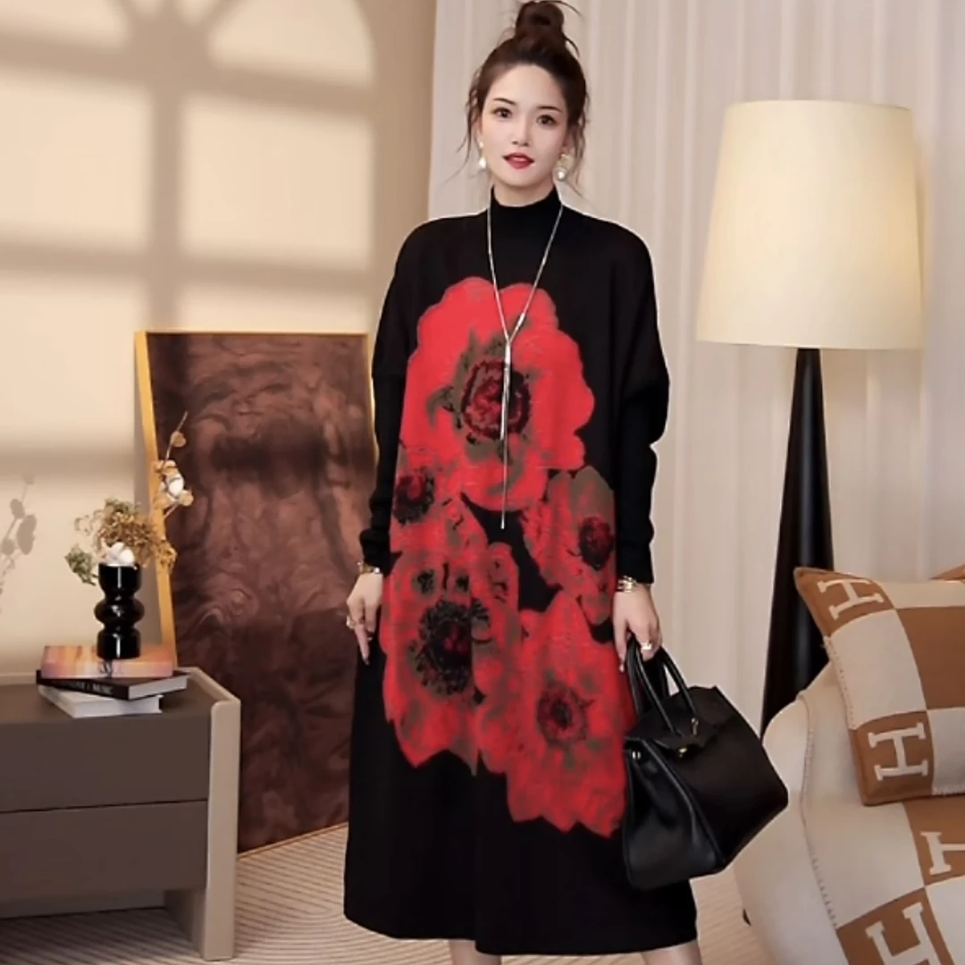 春夏新款【花间酒】保暖长袖长款秋冬季高档宽松毛衣连衣裙-5104#