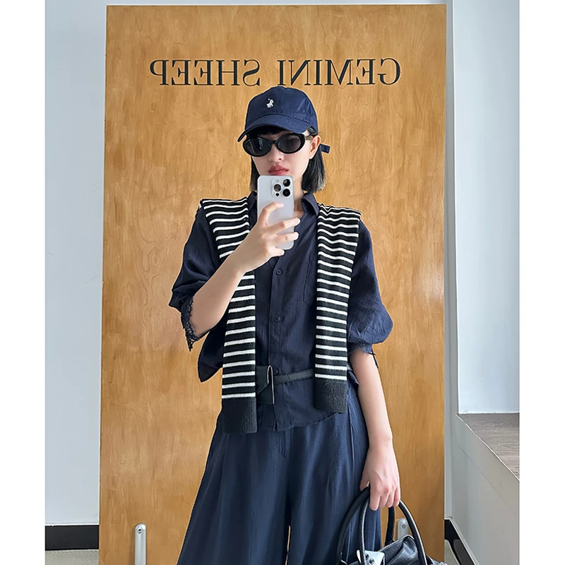 夏季薄款亚麻老钱风气质套装女蕾丝拼接衬衫阔腿裤子显瘦两件套