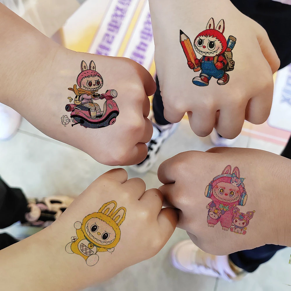 Labubu拉布布纹身贴纸闪粉脸贴可爱卡通男女孩可洗防水节日礼物