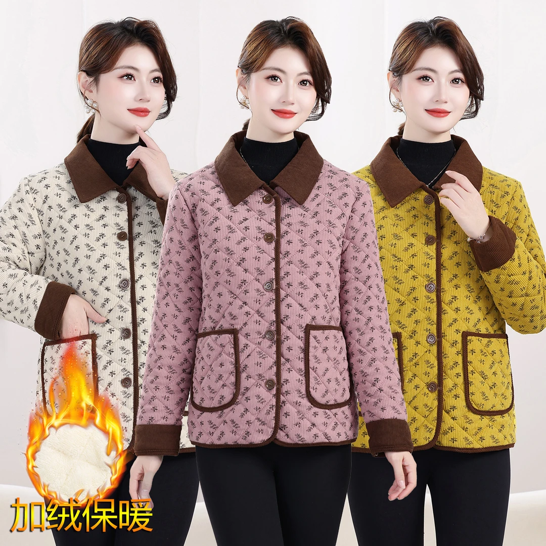 常规碎花方领短款长裤中老年女装加厚妈妈装中老年加绒保暖秋冬