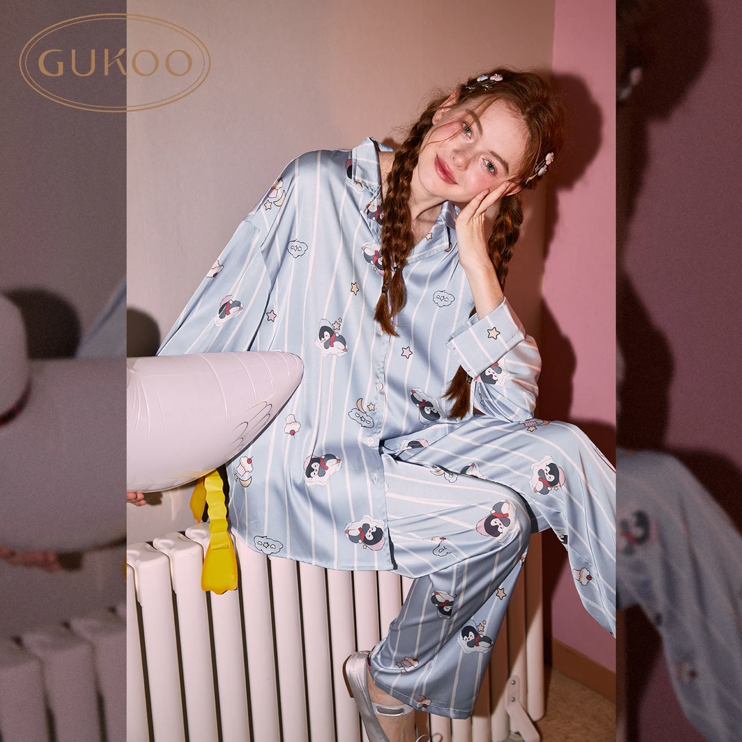 Gukoo/果壳小企鹅系列蓝色满印长袖家居服套装春秋季卡通
