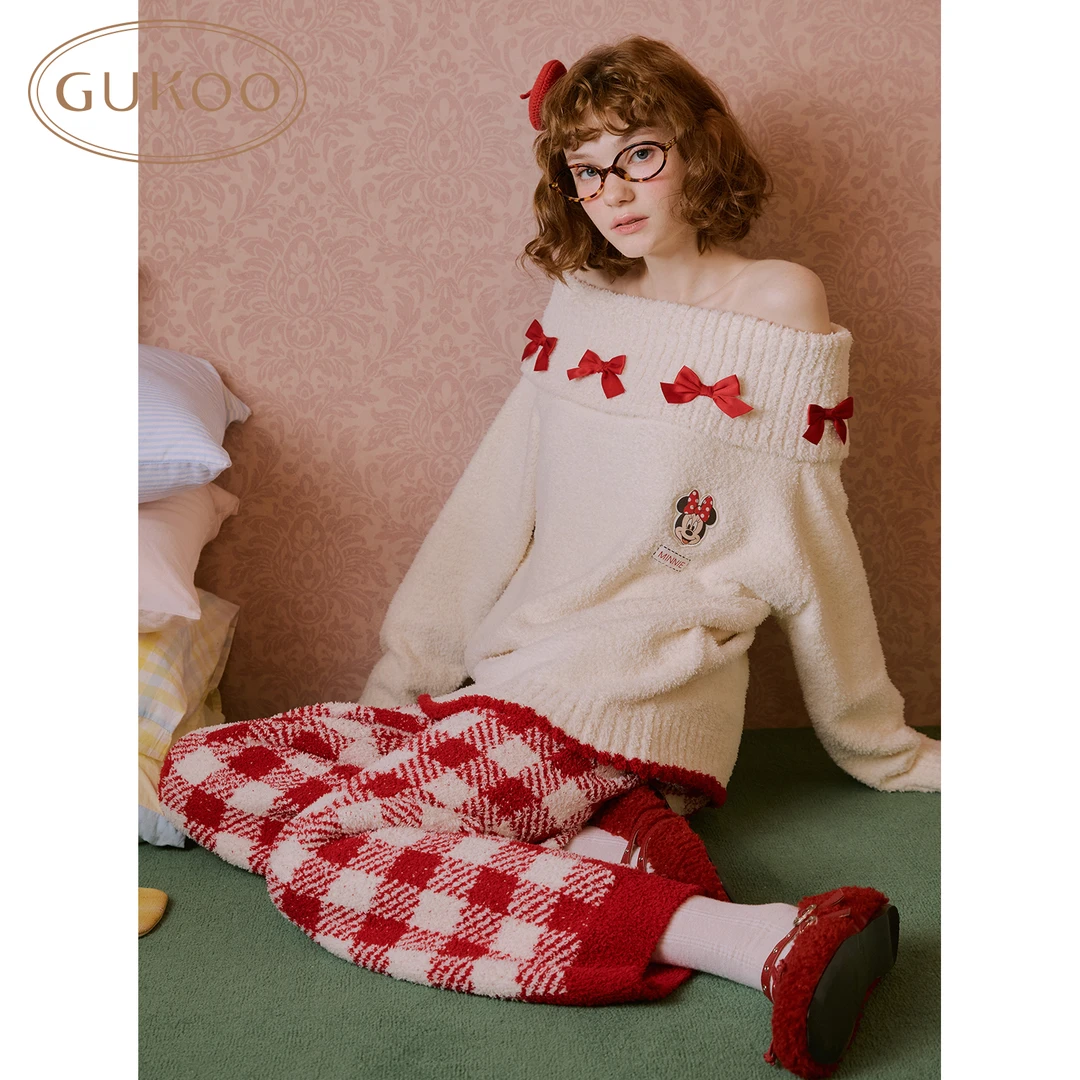 【Gukoo果壳】秋冬睡衣女迪士尼联名半边绒红色一字肩家居服套装