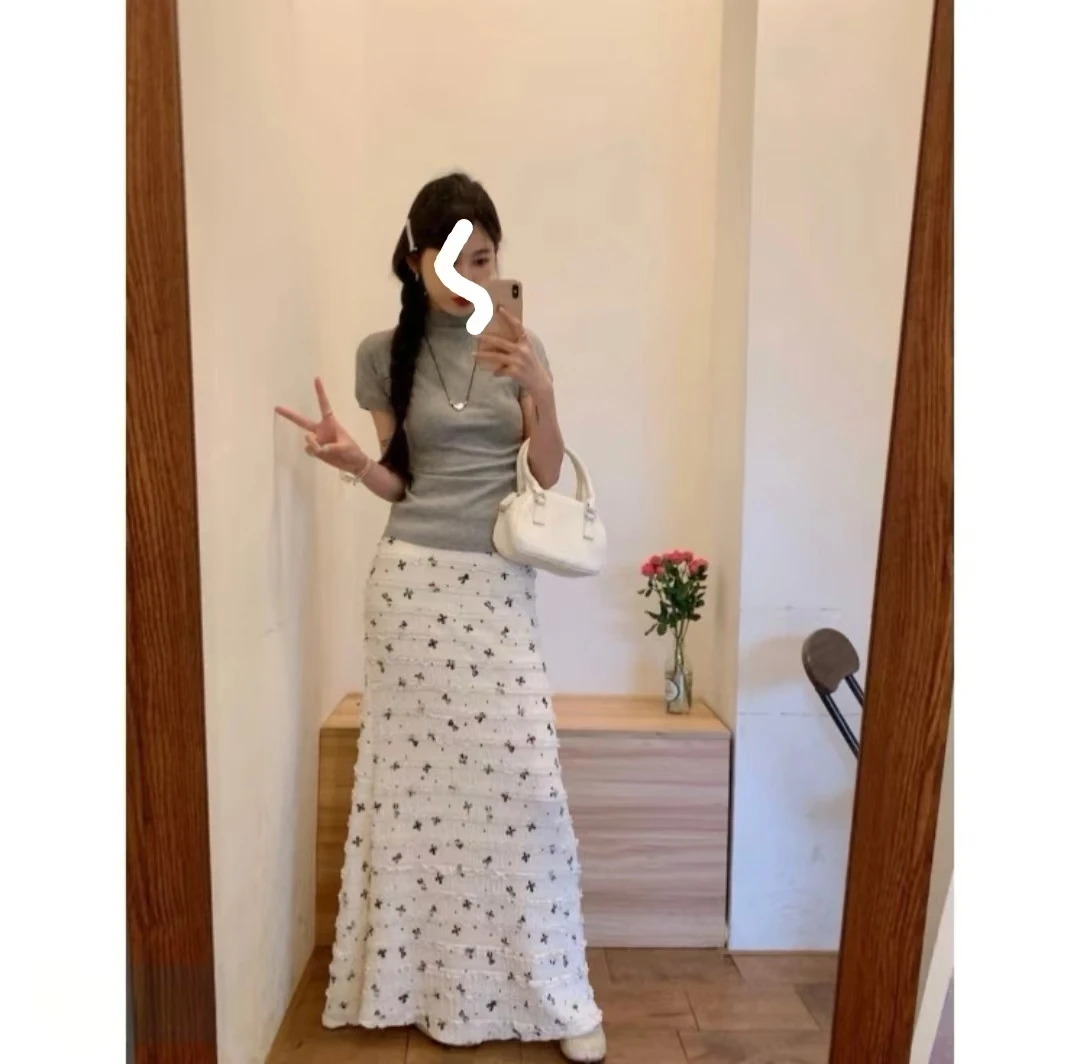 韩系度假风蝴蝶结印花蕾丝碎花鱼尾半身裙高腰夏季显瘦纯欲长裙
