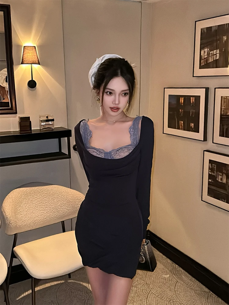 浓情山崎 纯欲风辣妹性感吊带蕾丝背心上衣方领长袖针织连衣裙女