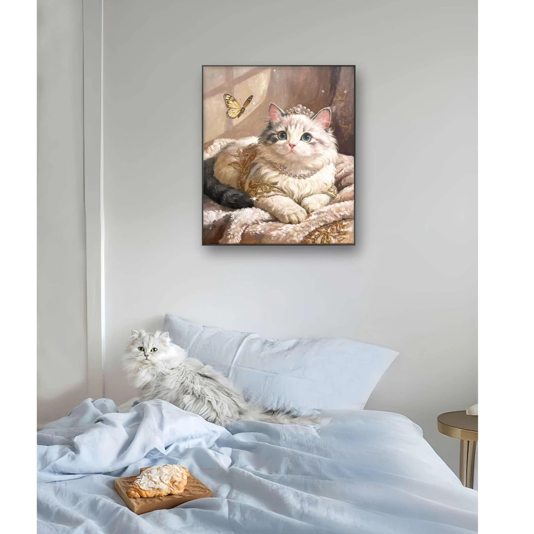 纯手绘油画轻奢高级感【蝶恋猫】卡通风沙发背景墙装饰画客厅挂画