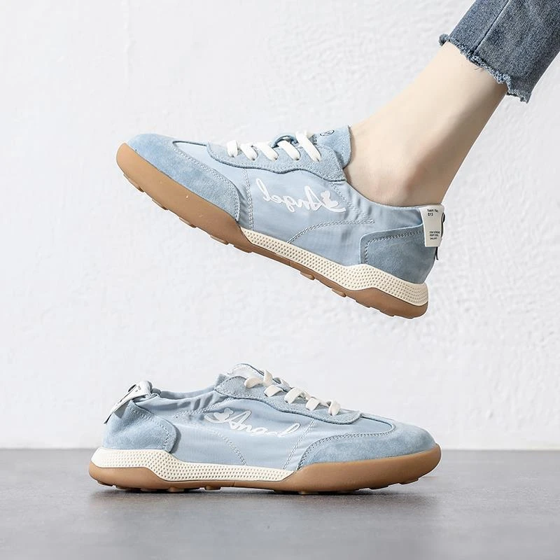 真皮复古德训鞋女2025新款夏季薄款透气芭蕾阿甘鞋黄色休闲运动鞋