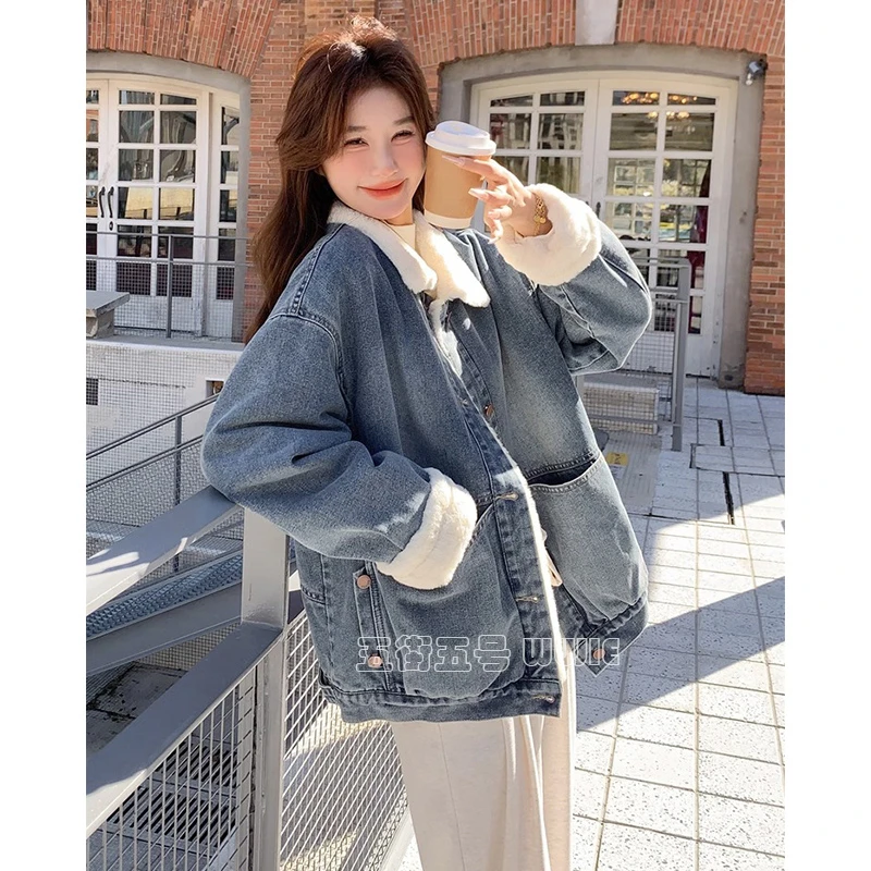 加绒加厚拼接港风牛仔外套2025新款冬季宽松休闲百搭保暖棉毛上衣