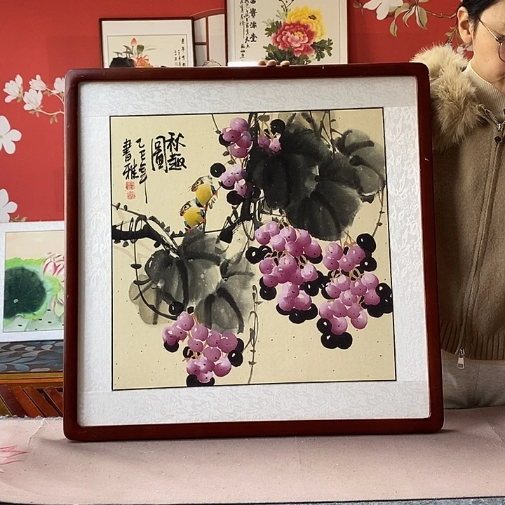 国画手写手绘带框包邮国画作品62✖️62