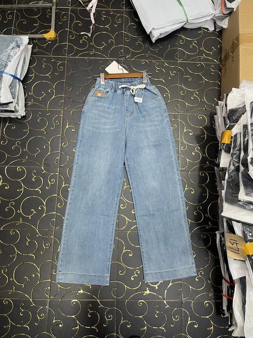 牛仔长裤女高腰宽松直筒阔腿松紧腰休闲百搭显瘦6206