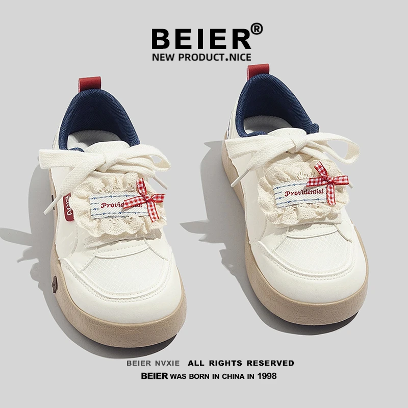 BEIER蝴蝶结圆头运动休闲板鞋2025秋季新款厚底复古低帮鞋子6896
