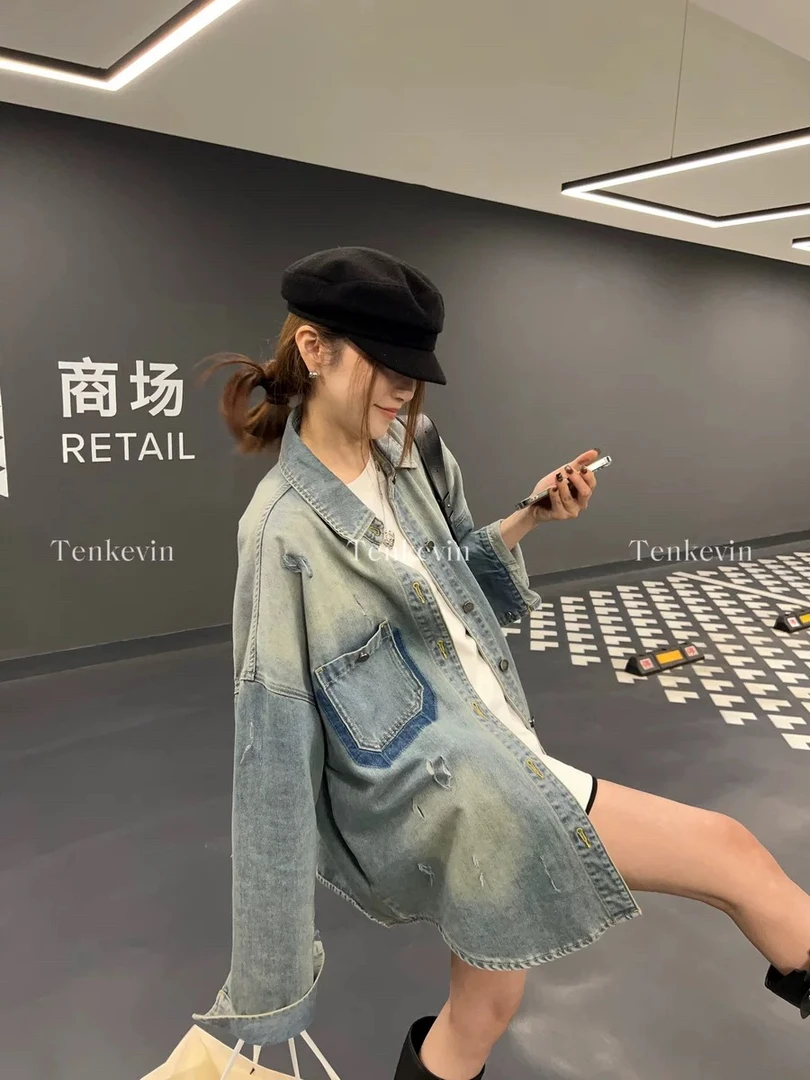 港风腔调复古水洗破坏浅色牛仔衬衫宽松显瘦外套