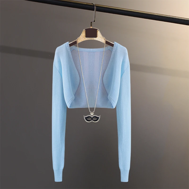 冰丝针织外搭夏季开衫款毛针织衫时尚女坎肩长袖薄款防晒短款披肩