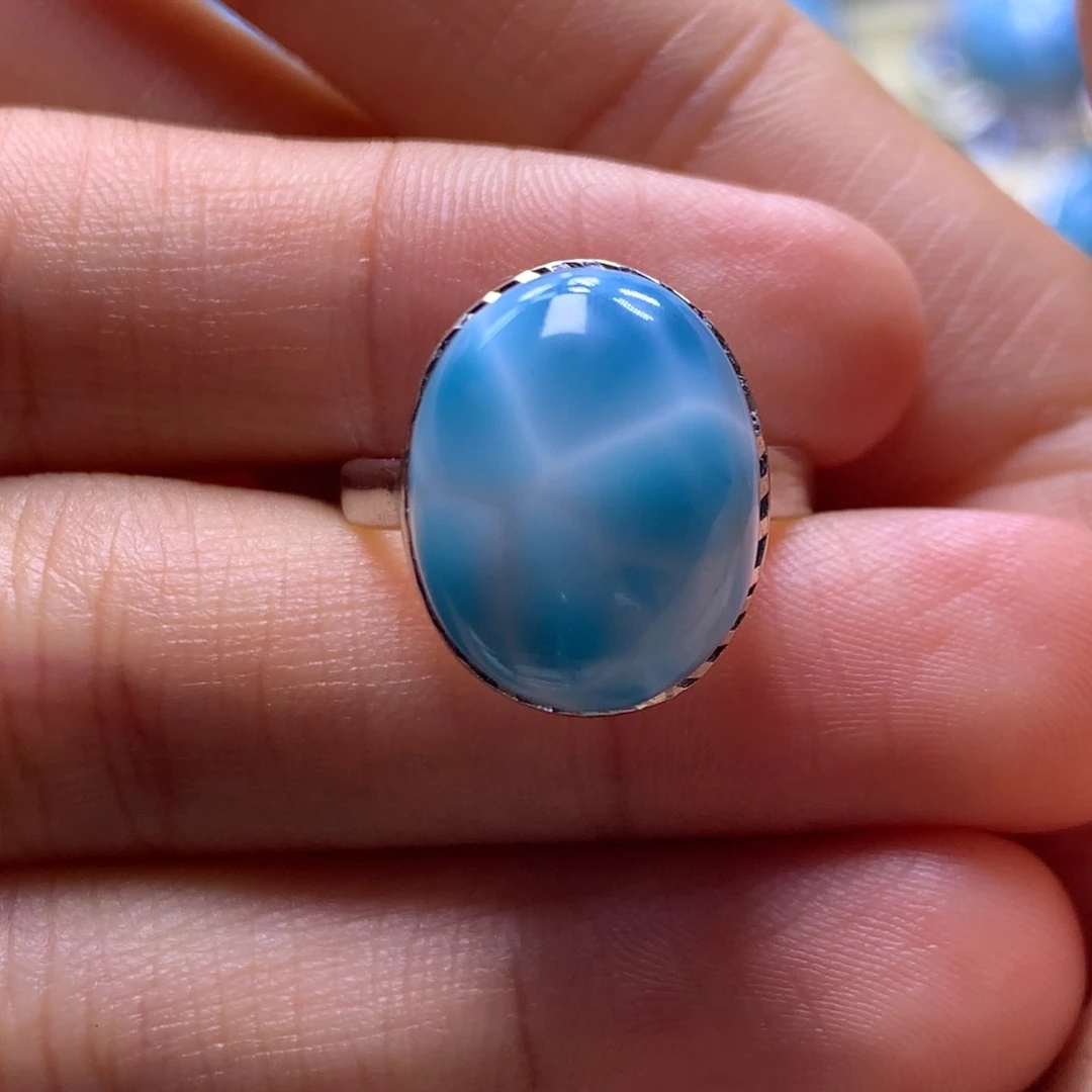 针钠钙石（海纹石）银S925镶嵌戒指蛋面戒指色差略异