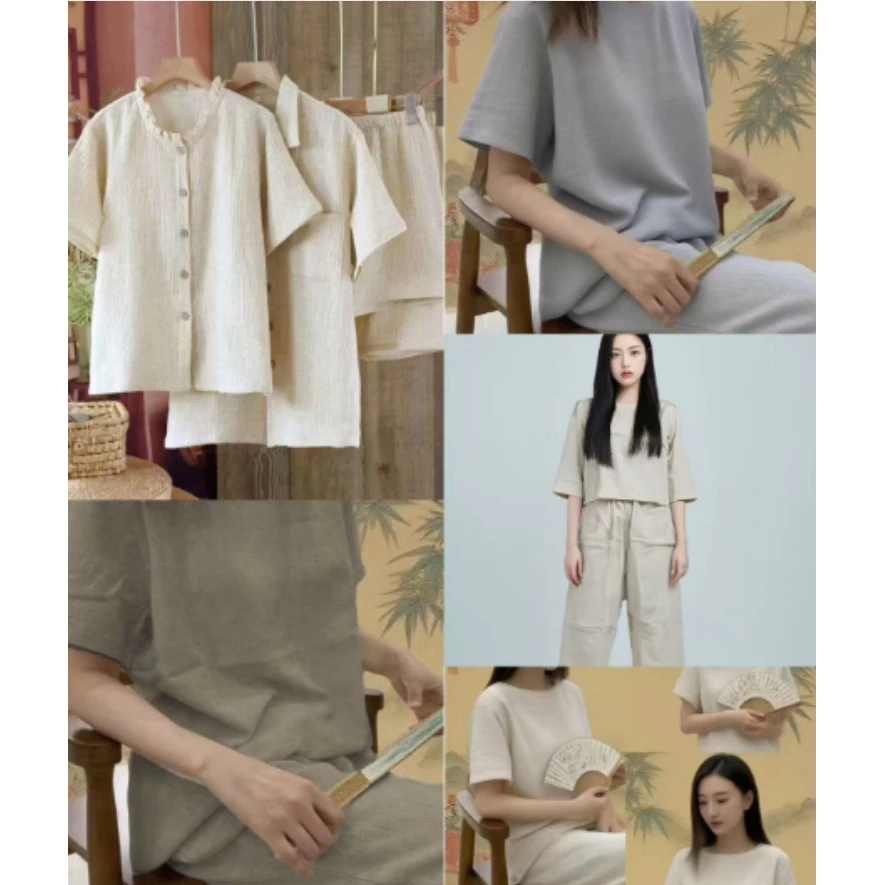 【不选色】棉麻双层纱家居服（上衣+裤子）
