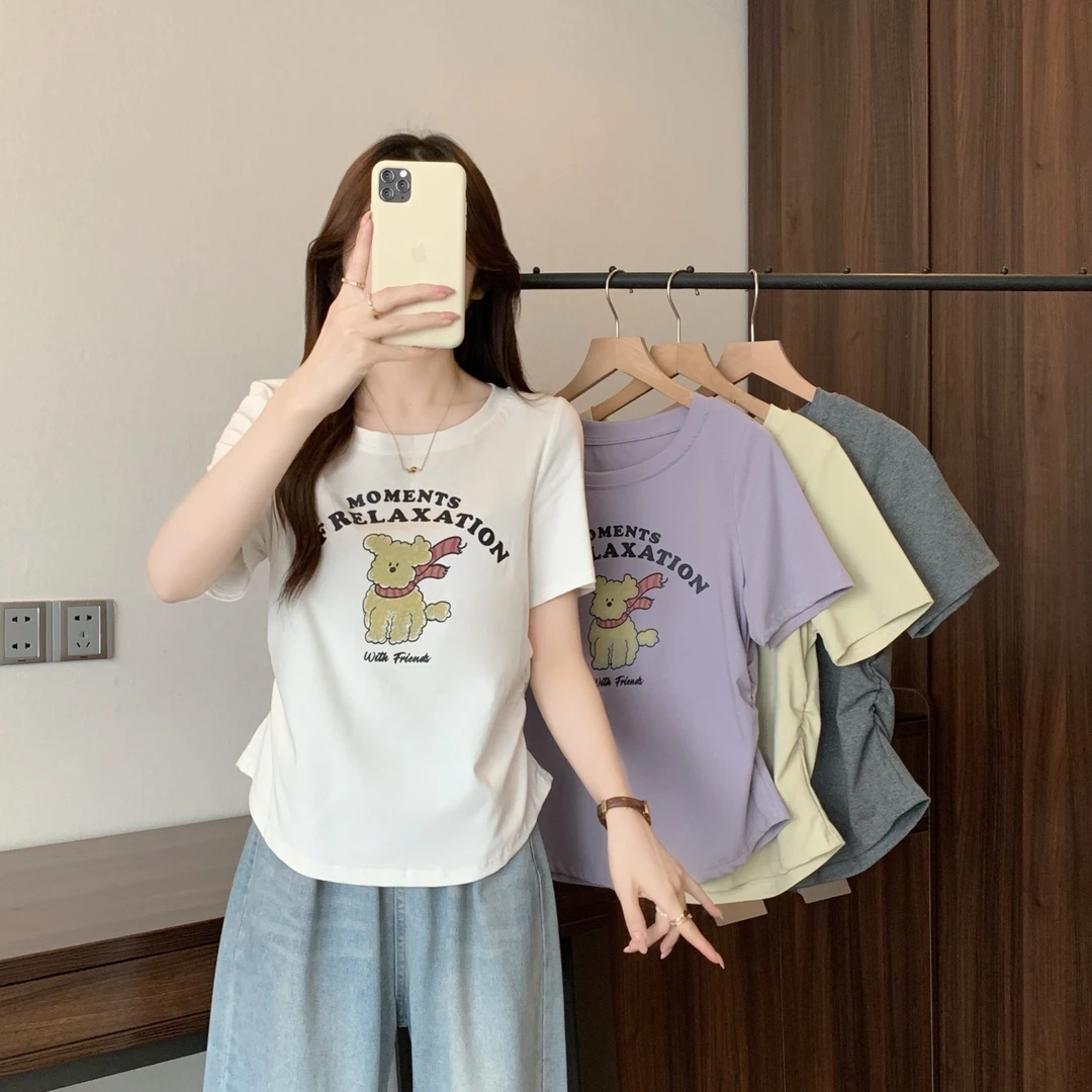 清2025夏时尚胖mm大码卡通小狗正肩短袖T恤修身收腰显瘦上衣64106