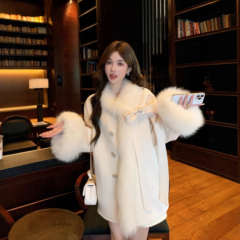 雪国千金25冬新款蝴蝶结斗篷双面羊绒大衣女狐狸毛羊毛呢外套