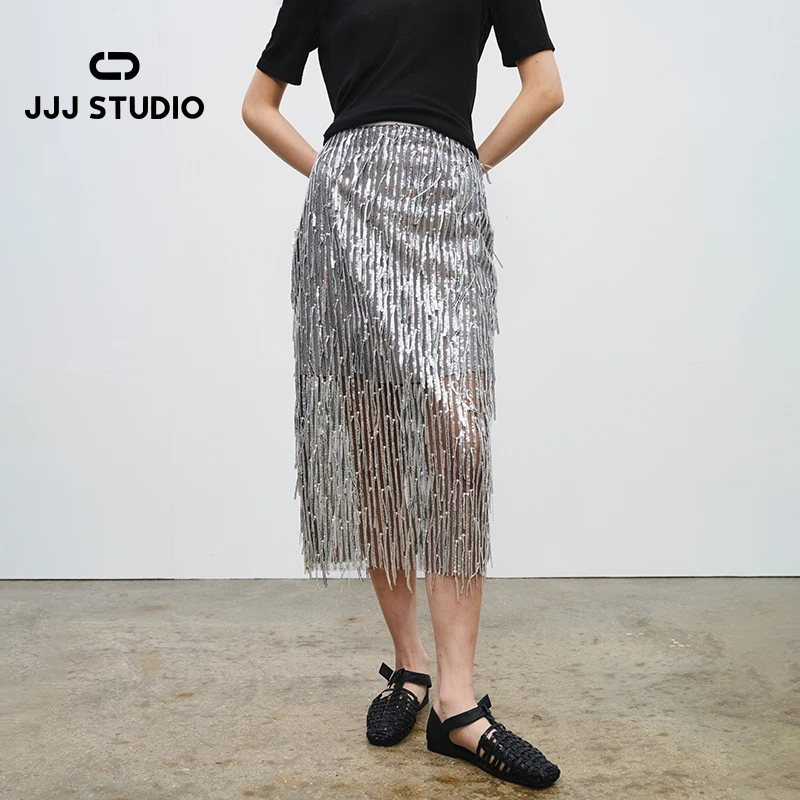 JJJ STUDIO 银黑色优雅高级气质百搭时尚珠片半裙女士 JDWFR1Q162