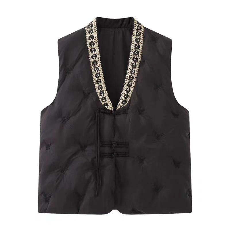 新中式V领棉服马甲女2024秋冬新款高级感气质国风盘扣棉背心