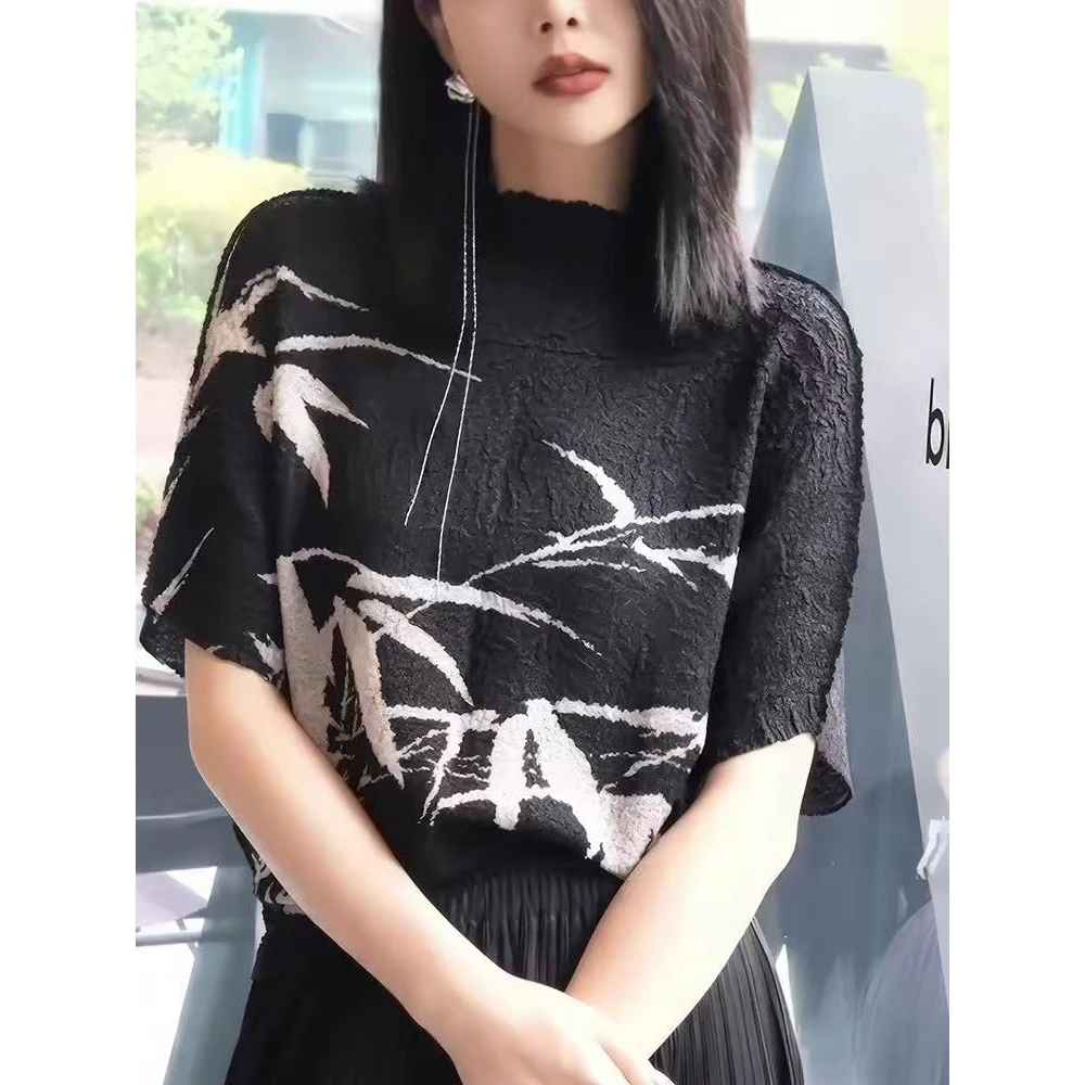 复古国风水墨竹印花褶皱T恤时尚百搭宽松显瘦三褶上衣女春夏新款