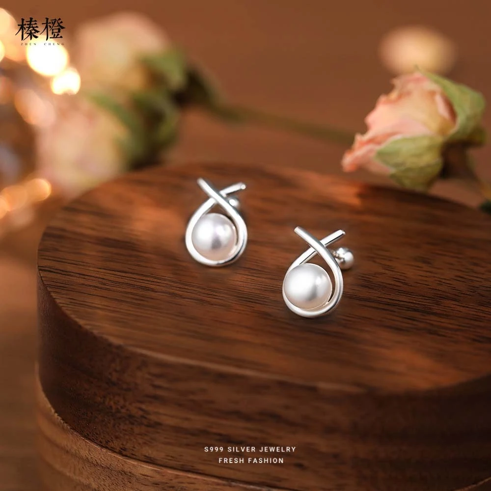 足银耳饰 S999纯银线条水滴珍珠耳钉女纯银经典交叉时尚耳饰E552